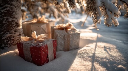 Snowcovered gifts sit under a tree with sunlight casting long shadows in the snow