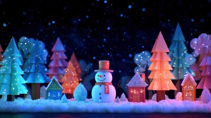 Snowcovered landscape with a snowman colorful trees and small houses under a dark snowy sky