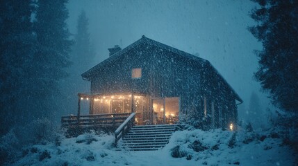 Snowcovered house with illuminated porch and steps surrounded by trees in a snowy landscape