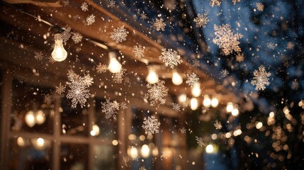 Snowflakes float before warm lights creating a holiday mood