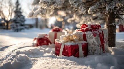 Snowy gifts rest under a tree Red gold and white presents nestled in a blanket of snow