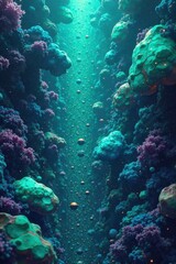 Fototapeta premium Innovation Ecosystem Abstract, interconnected geometric and organic shapes in vibrant blues, greens, and purples, flowing and evolving, representing a dynamic innovation ecosystem. No people, text, or