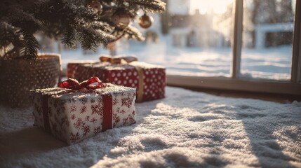 Snowy scene features gifts under a tree near a bright window with snow outside