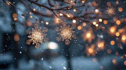 Snowy scene with illuminated snowflakes and warm glowing lights hanging on tree branches