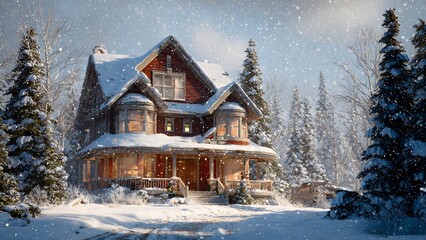 Winter Wonderland Cabin: A cozy cabin nestled amidst a snow-covered forest, evoking warmth and serenity with its inviting glow during a snowy winter's day.