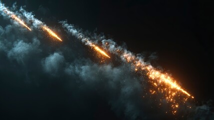 Streaks of bright sparks and wisps of white smoke against a dark sky forming a fiery trail