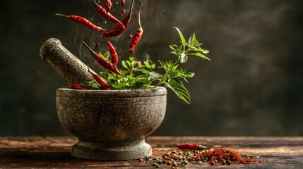 Stone mortar with herbs and red chilis some floating on a wooden surface against a dark background