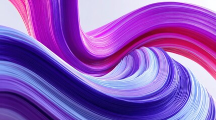 Swirling purple  pink bands are closely spaced forming 3D waves against a white backdrop