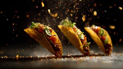 Three tacos filled with various toppings are arranged with scattered seasoning against a dark backdrop