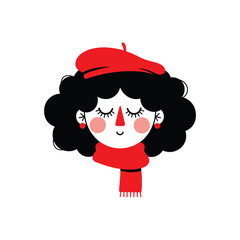 Stylized Woman Wearing Red Beret And Scarf Illustration.