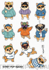 Vector sticker pack of cute dogs in hoodies, caps, and sunglasses. Trendy cartoon style, perfect for social media, printing, and decoration.