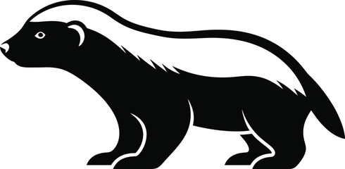 Black and white silhouette of a honey badger standing alert and prepared for action flat design vector illustration isolated on transparent background