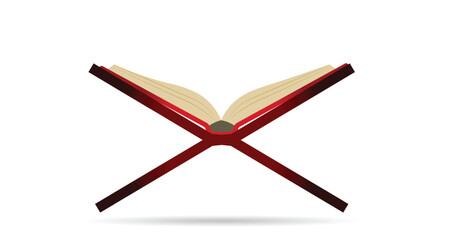 Open holy religious book resting on wooden stand for spiritual worship
