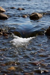 Obraz premium River Flow Through Ancient Rocks Close up of a clear river gently flowing over smooth, ancient, polished river stones and pebbles, subtle ripples, natural light reflecting on the water surface,