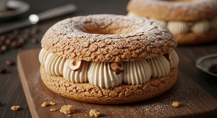 Delicious paris brest pastry with creamy filling and crunchy praline topping dusted with powdered sugar