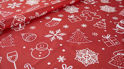 Festive red christmas wrapping paper with white holiday icons