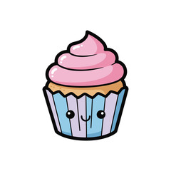 Cute Pink Frosted Cupcake Illustration With Smiling Face.