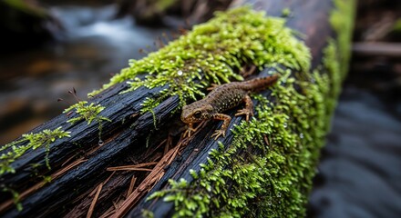 Obraz premium Small brown frog perched on a moss covered fallen log near a flowing stream in a forest