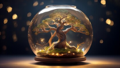 miniature gnarled tree inside glass terrarium glowing softly with enchanting light