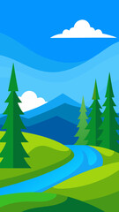 Fototapeta premium Stylized flat illustration of a vibrant green landscape with a winding blue river and pine trees under a bright blue sky with fluffy white clouds and distant blue mountains