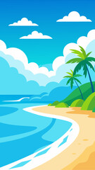 Vibrant tropical beach scene with palm trees and blue ocean