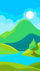 Fototapeta premium Stylized landscape with rolling green hills a bright sun blue sky and a winding river