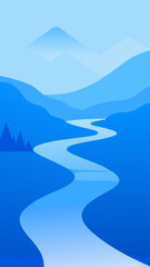 Stylized blue landscape with winding river and layered mountains