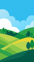 Fototapeta premium Stylized rolling green hills under a bright blue sky with fluffy clouds and scattered trees