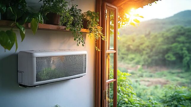 An air conditioner unit installed on a wall next to a window, often used in residential and commercial spaces for temperature control