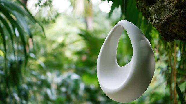 A simple white vase suspended from a tree branch in a dense forest