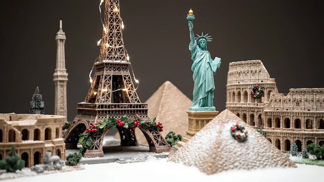 Miniature World Landmarks with Snowy Christmas Decorations Against Gray Backdrop Eiffel Tower Statue of Liberty Colosseum and Pyramid Intricate Details
