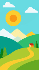 Fototapeta premium Bright sunny day over rolling green hills and mountains with a small house