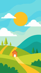 Fototapeta premium Vibrant cartoon landscape with rolling green hills a bright sun and fluffy clouds