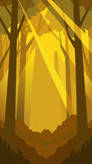 Golden sunbeams filter through a stylized forest canopy creating a warm and inviting atmosphere