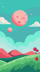 Whimsical alien landscape with pink moons and red flowers under a teal sky
