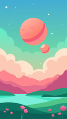 Dreamy alien landscape with planets in the sky and colorful mountains