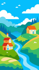Colorful illustration of houses nestled in a vibrant green valley with a winding river under a blue sky with clouds