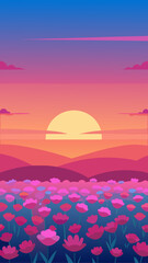 Vibrant field of pink poppies under a colorful sunset sky