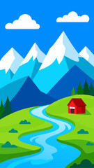 Vibrant flat illustration of a winding river flowing through a green meadow towards snow capped mountains