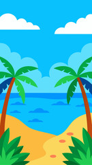 Vibrant cartoon tropical beach scene with palm trees and ocean waves