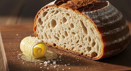 Artisan sourdough bread slice with rolled butter and sea salt on wooden board