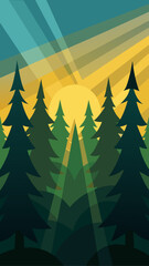 Stylized evergreen forest with sunbeams and a large sun disk