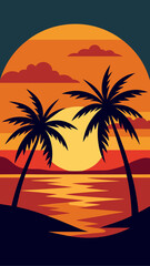 Vibrant tropical sunset with silhouette palm trees over calm ocean water