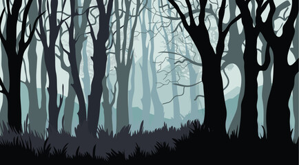 Mysterious Dark Forest Landscape | Foggy Woods Silhouette Vector Background