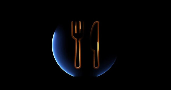Glowing Yellow Fork and Knife Icon with Blue Circle on Black Background food dining