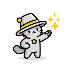 Cute gray cartoon cat wizard casting sparkles.