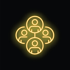 Yellow neon icon of a network of people connecting together glowing on a black background