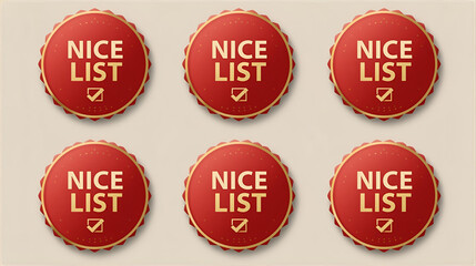 Six festive red circular tags announcing the 'nice list' for christmas celebrations and holiday cheer