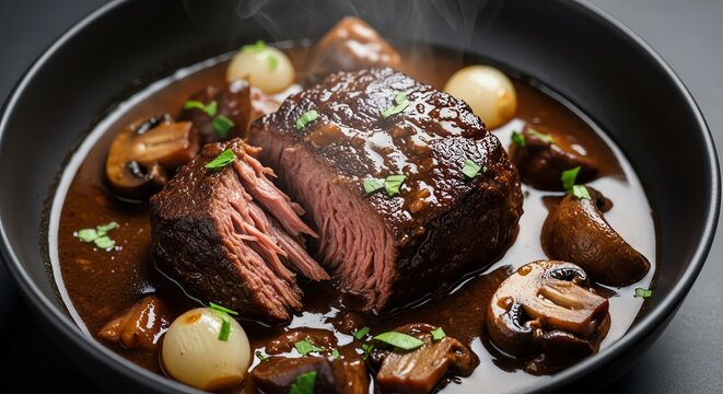 Tender braised beef short ribs in rich dark sauce with pearl onions and mushrooms