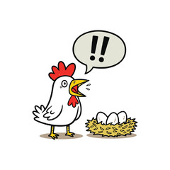 Cartoon hen clucking beside nest of eggs.